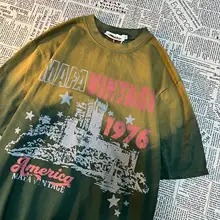 アメリカンヴィンテージ風 グラデーション Tie-dye Tシャツ【ルーズフィット・半袖・文字プリント】