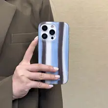 おしゃれなブルーとブラウンのストライプデザインiPhone用ケース【高級感・13琥珀珠付き・斜め掛け対応】