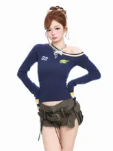 ニット トップス レディース ワンショルダー アシンメトリー カラーブロック フィット 着痩せ ウエストシェイプ 甘辛MIX アメリカン風 春 「BASTERDS」