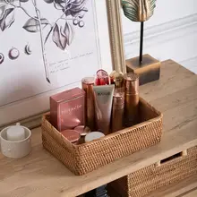 北欧風 レトロデザインの天然木製収納ボックス【ラタン編み・化粧品・文具整理用】