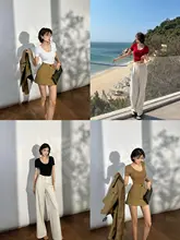 Uネック透かし編みニットトップス【夏用・短袖・タイトフィット】