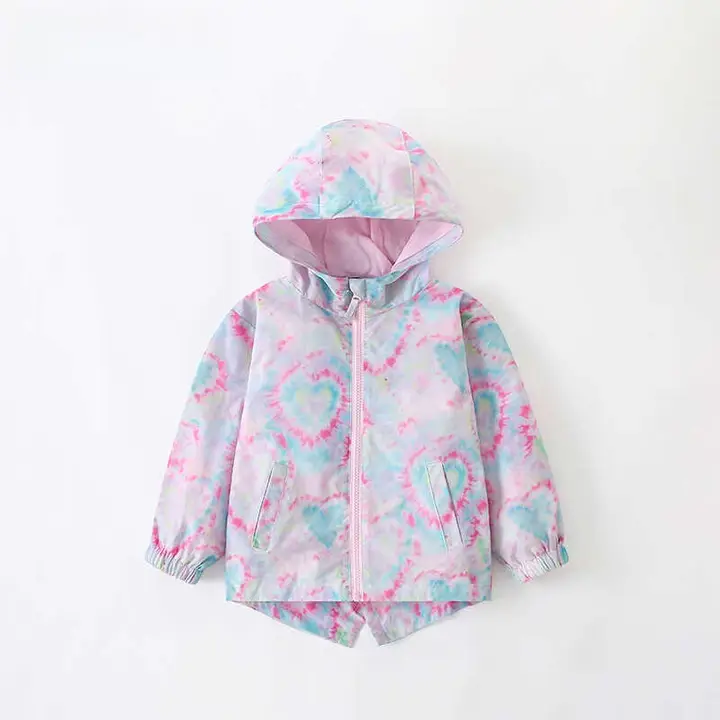 女の子用 フード付き風雨コート【長袖・ジッパー・水彩プリント】