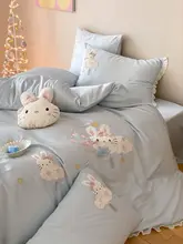 春夏用 ブルーの子供用布団カバーセット【うさぎキャラクター・プリンセスデザイン・四点セット】（セットアップ対応）