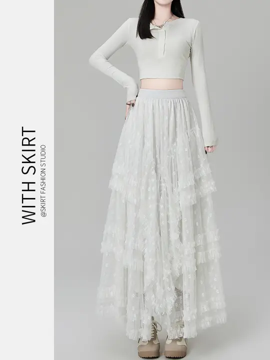 高腰Aラインレースフレアスカート【白色・中長丈・春秋用】