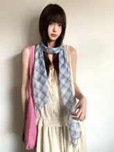 チェック柄ロングシルクスカーフ【夏用・多機能・ヘアバンドとしても使用可能】