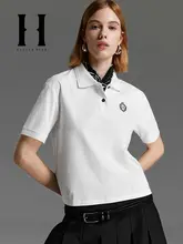 刺繍入りボタン付き開襟半袖女性Tシャツ【サイドスリット・カジュアルデザイン】