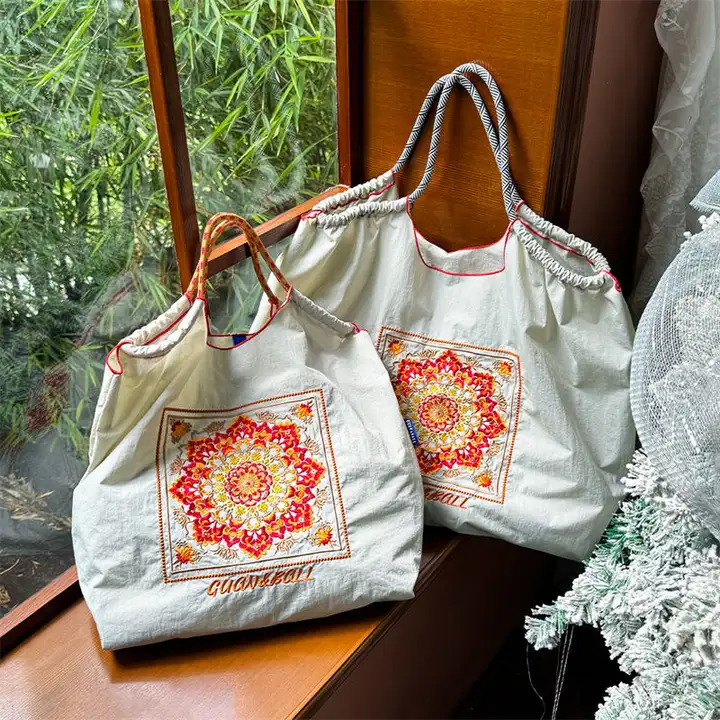 刺繍入り大容量ボールショッピングバッグ【軽量・折りたたみ式・トート・ショルダー可】