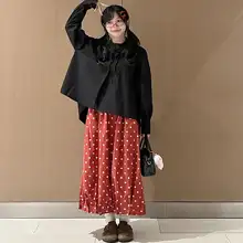 復古スタイルのドット柄花苞スカート【ウエストゴム・中丈・秋用・シワ加工】