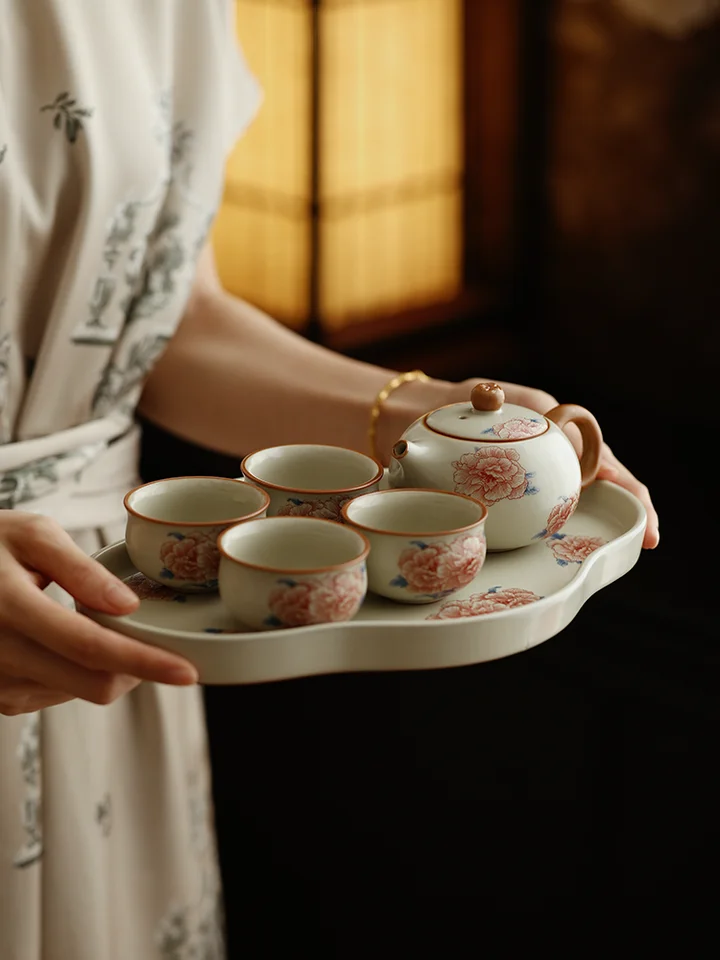 高級 芙蓉花デザインの茶具【汝窯風・ギフト向け・女性用】（セットアップ対応）