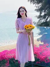 フリル付きVネックロングドレス【夏用・フィット感あり・デート向け】