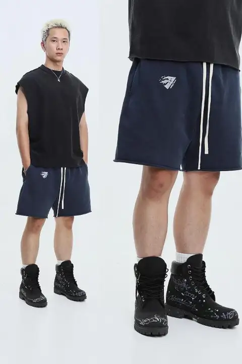 洗水加工のレトロデザイン短パン【ゴムウエスト・裾ロールアップ・スポーツ用】