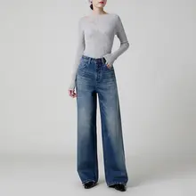 特徴的なウォッシュドワイドレッグデニムパンツ【女性用・ルーズフィット・ブラッシュ加工】