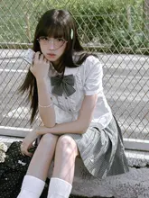 セットアップ 2点セット レディース 半袖シャツ チェック柄スカート ウエストシェイプ グリーン 制服 スクール 通学