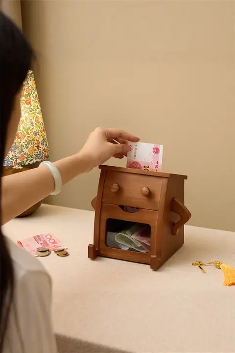 天然木製 貯金箱【大人・子供向け・創造的な玄関装飾・硬貨と紙幣収納】