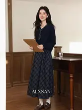 セットアップ レディース ワンピース セーター ブルーチェック柄 ネイビー 大人可愛い きれいめ