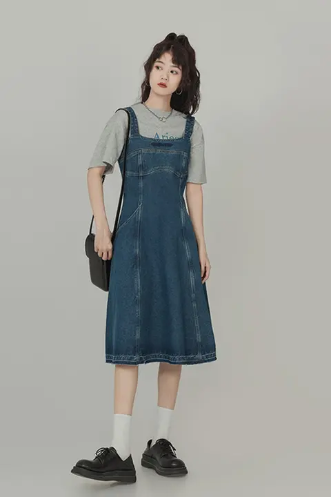 ウエストシェイプデザイン デニムキャミソールワンピース【女性用・小柄向け・夏用】