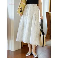 ブルーのレース切替プリントミディスカート【高腰・夏用・ヴィンテージ風・女性用】