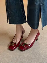 春秋用 ソフトエナメル質感のハイヒール【シンプルなスクエアトゥ・小猫ヒール・通勤用】