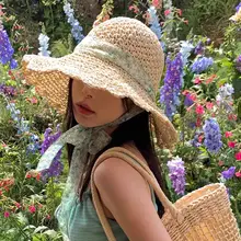 フラワーレース付き 日除け編み草帽【夏用・ビーチリゾート・UVカット】