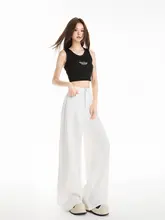 極上の柔らかさのアイスシルクデニムパンツ【白色・ハイウエスト・ゆったり・体型カバー】（セットアップ対応）