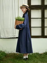 純棉の翻領デニムワンピース【レトロ風・春用・中丈・ブルー】