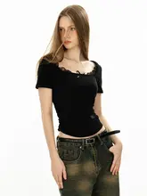 レース切替のリボン付きボックスネックウエストシェイプ短袖Tシャツ【刺繍デザイン・夏用・女性用】