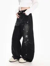 ビンテージ風デザインの星柄デニムパンツ【秋冬用・フィット・ワイドレッグ】