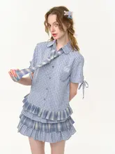 花柄ヘムデザインのチェック柄ドロップショルダーシャツ【ブルー・半袖・リボン付き】