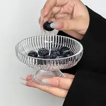 美しいデザインの果物トレイ【氷河ガラス製・高脚・お菓子やスナック、おやつにも最適】