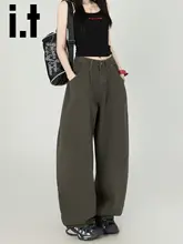 オリーブグリーンのワイドレッグデニムパンツ【高腰・ドレープ感・秋用】