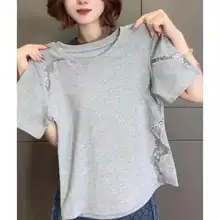 大きいサイズのレース透かしデザイン半袖Tシャツ【夏用・コットン・スリムフィット】