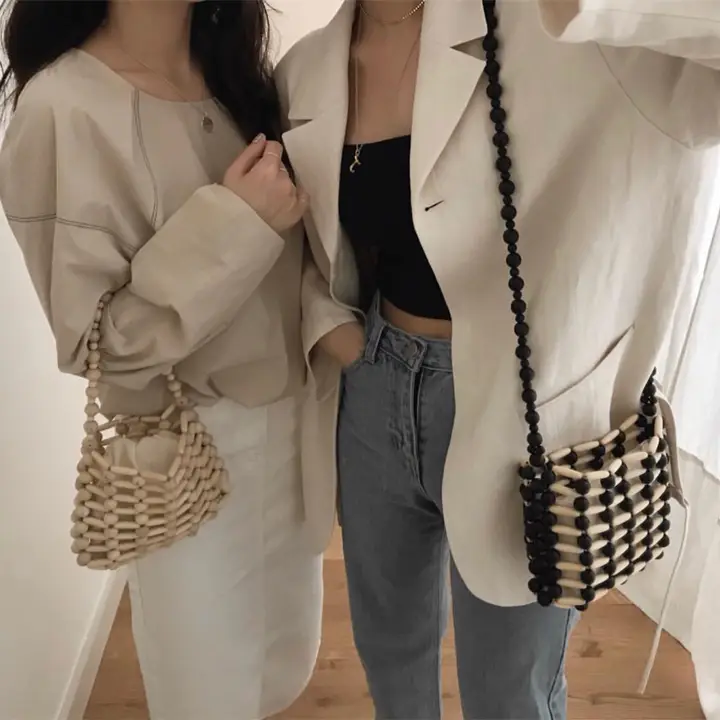ハンドメイド木製ビーズ手提げバッグ【織り編みデザイン・ショルダー＆クロスボディ対応】