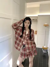 レトロな赤いチェック柄シャツ【春秋用・ストライプ柄・ワンピース風】（セットアップ対応）
