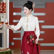 刺繍入り立襟ブラウス【新中式・花柄・長袖】（セットアップ対応）