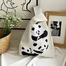 可愛いパンダデザインのニットトートバッグ【持ち運び用・ランチボックス収納可】