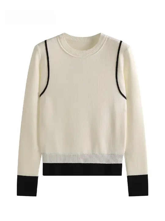 装飾ライン入りカラーコンビニットトップス【修身タイプ・長袖・プルオーバー】（セットアップ対応）