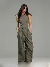 アメリカンヴィンテージ風ストレートパンツ【ウエスト紐調節・プリーツデザイン・ゆったりシルエット・春夏用】（セットアップ対応）