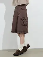 深いコーヒーカラーの七分丈ワイドパンツ【リボンデザイン・カジュアル・夏用】（セットアップ対応）