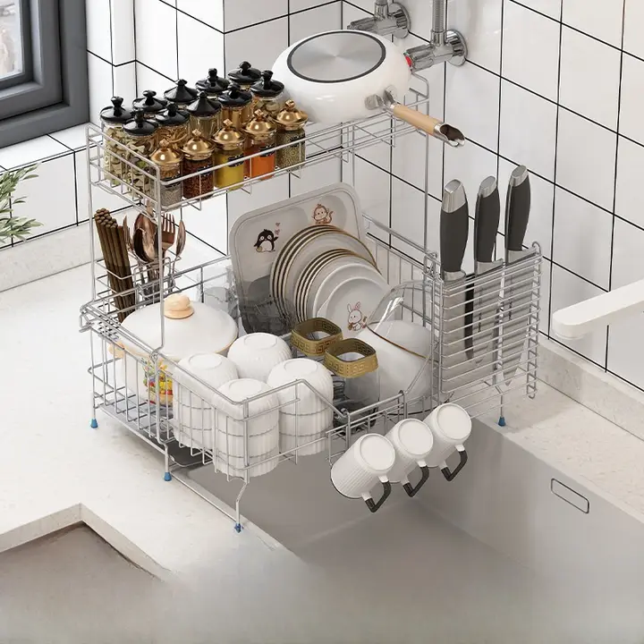 304ステンレス製 2段水切りラック【伸縮可能・キッチン用・食器収納】