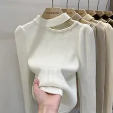 半高ネックニットセーター【秋冬・肩出しデザイン・透かし編み】