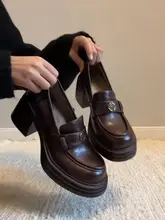 水洗牛革製 ヴィンテージ風ラウンドトゥ厚底ローファー【女性用・粗ヒール・エレガント】