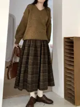 JOENG ウール素材のチェック柄プリーツAラインスカート【秋冬用・ウエストゴム・カジュアルスタイル】