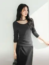 極上の柔らかさ！U首デザインの全羊毛ニットトップ【お手入れ簡単・秋用】（セットアップ対応）