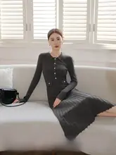 洗練されたデザイン！ニットピケ襟付きフレアワンピース【女性用・ウエスト部分が引き締まる・ロングスタイル】