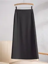 グレーのハイウエストサテンミディスカート【女性用・Aライン・夏用】