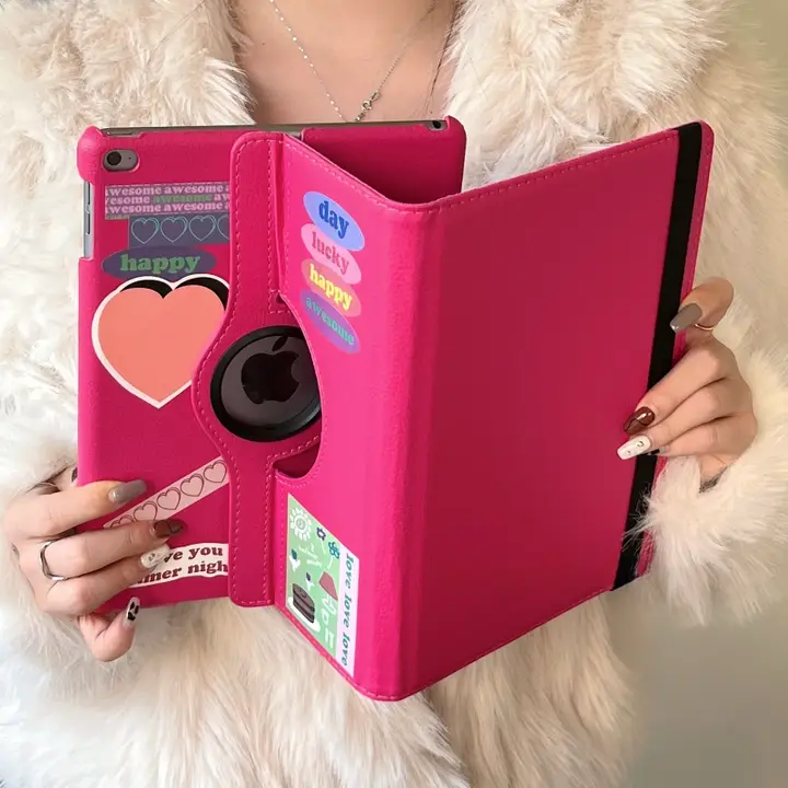 Berry Pink iPad回転スタンド皮ケース【9.7インチ・Air1・10.2インチ・Pro用】