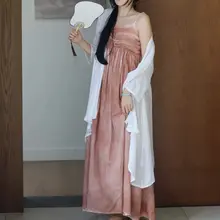 エレガントな二色使いの肩紐付きロングドレス【新中式・文芸風】