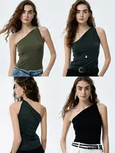 THORNSAURA 春夏向け オーストリア製テンセル 無地スリーブレスねじりデザイン斜め肩トップス