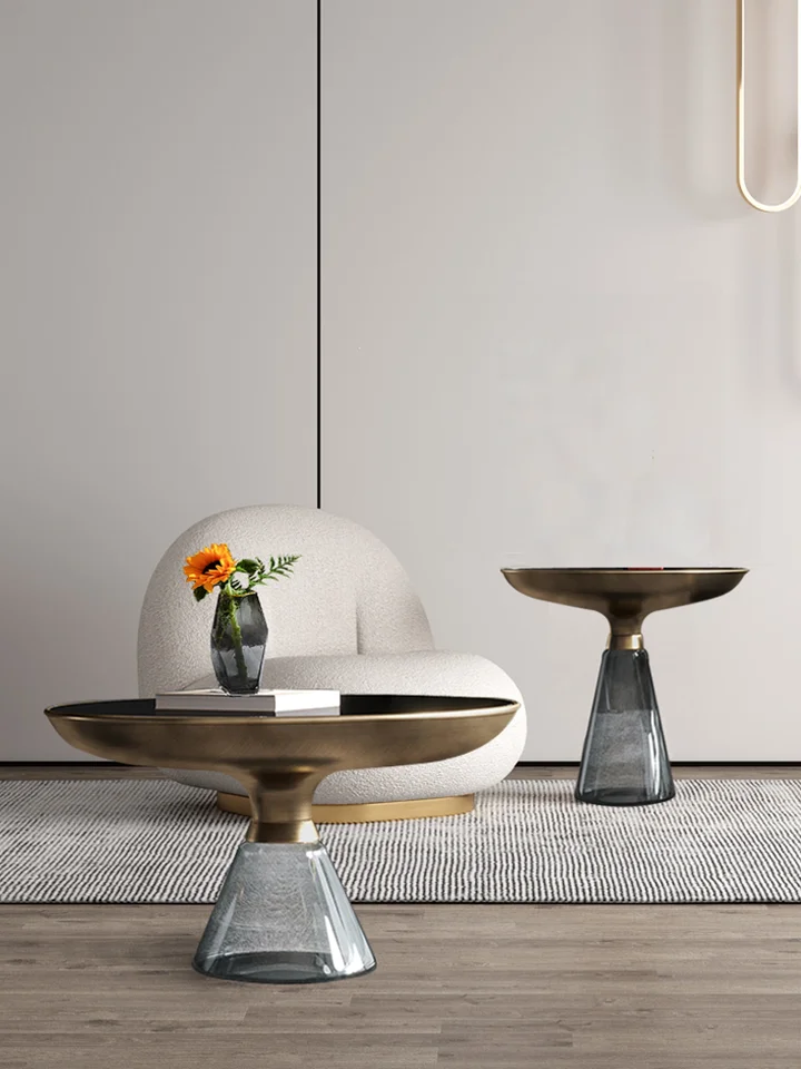 モダンデザインのガラス製金属円形テーブル【グレー・小型・リビング・寝室用】（セットアップ対応）