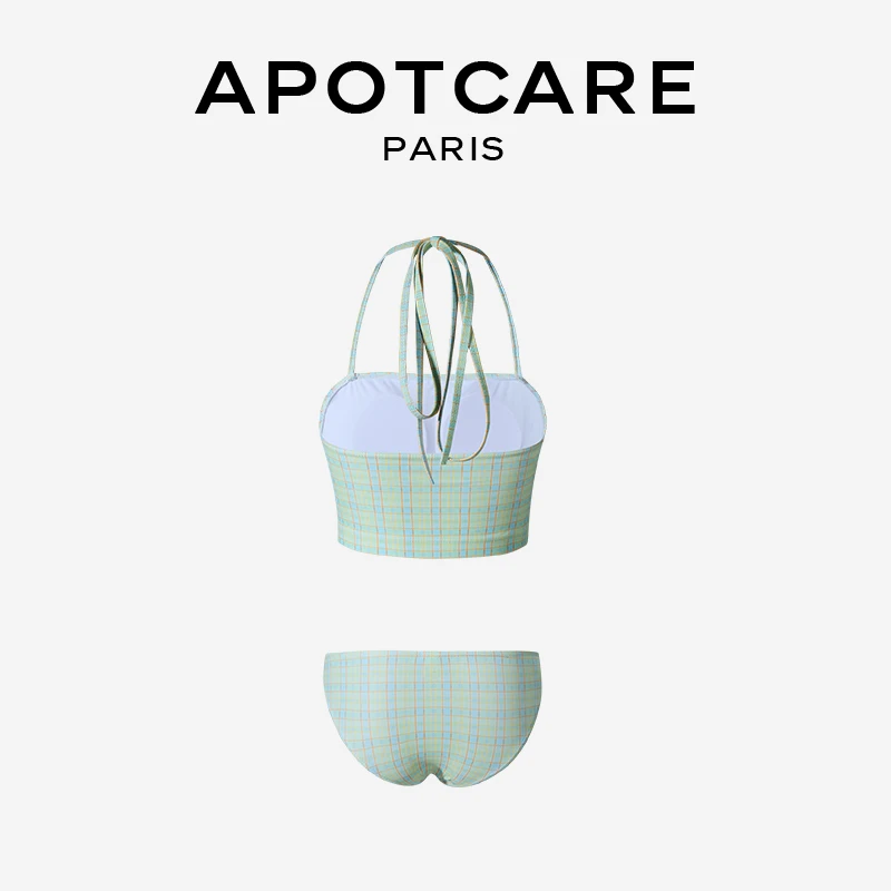 APOTCARE チェック柄ビキニトップ：バストバンドとリボン付きの女性用三角分体スタイル